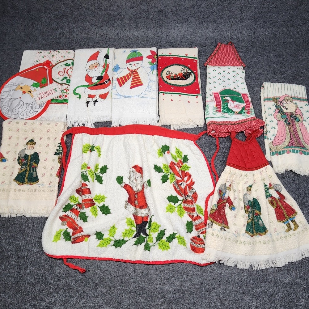 VTG Lot Christmas Country Dish Kitchen Towels Apron Potholder Goose Cottage
